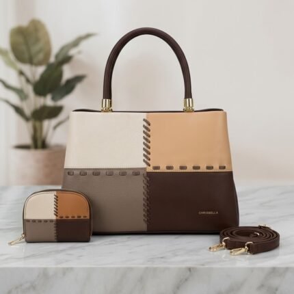 Chrisbella Designer Patchwork Leather Handbag & Wallet Set – Coffee Brown